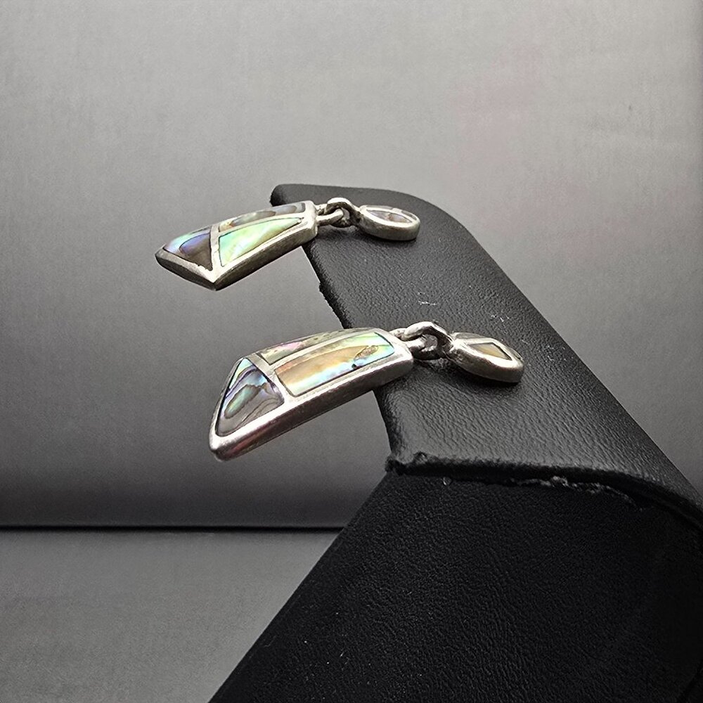 VTG Carol Felley Sterling Silver Abalone Mosaic Dangle Earrings 1" Signed CFJ - Picture 2 of 9